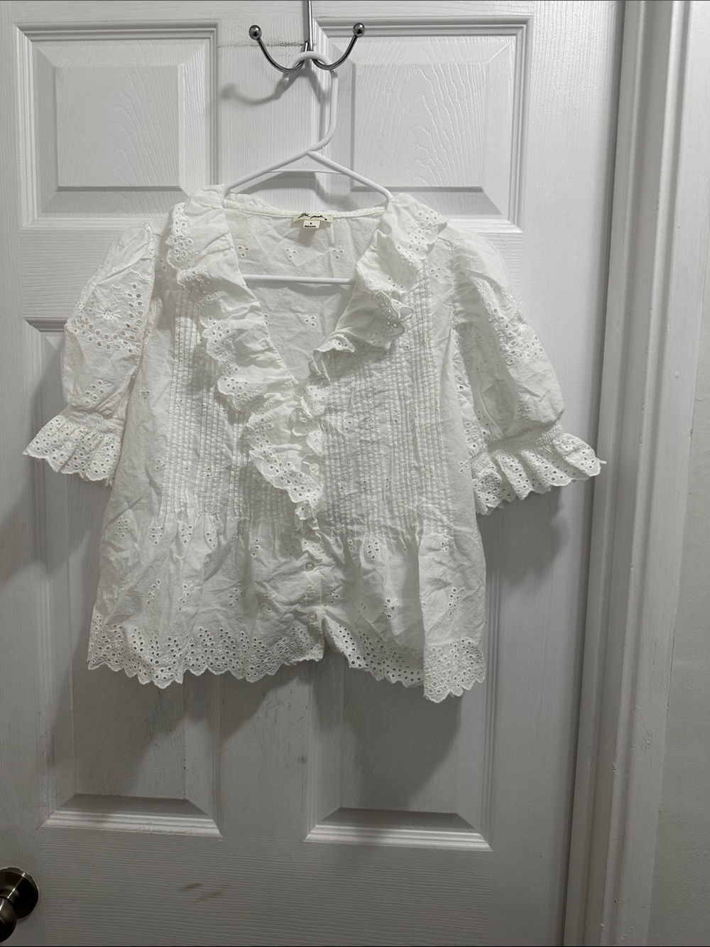 Ultra Pink White Eyelet Lace Ruffle Blouse